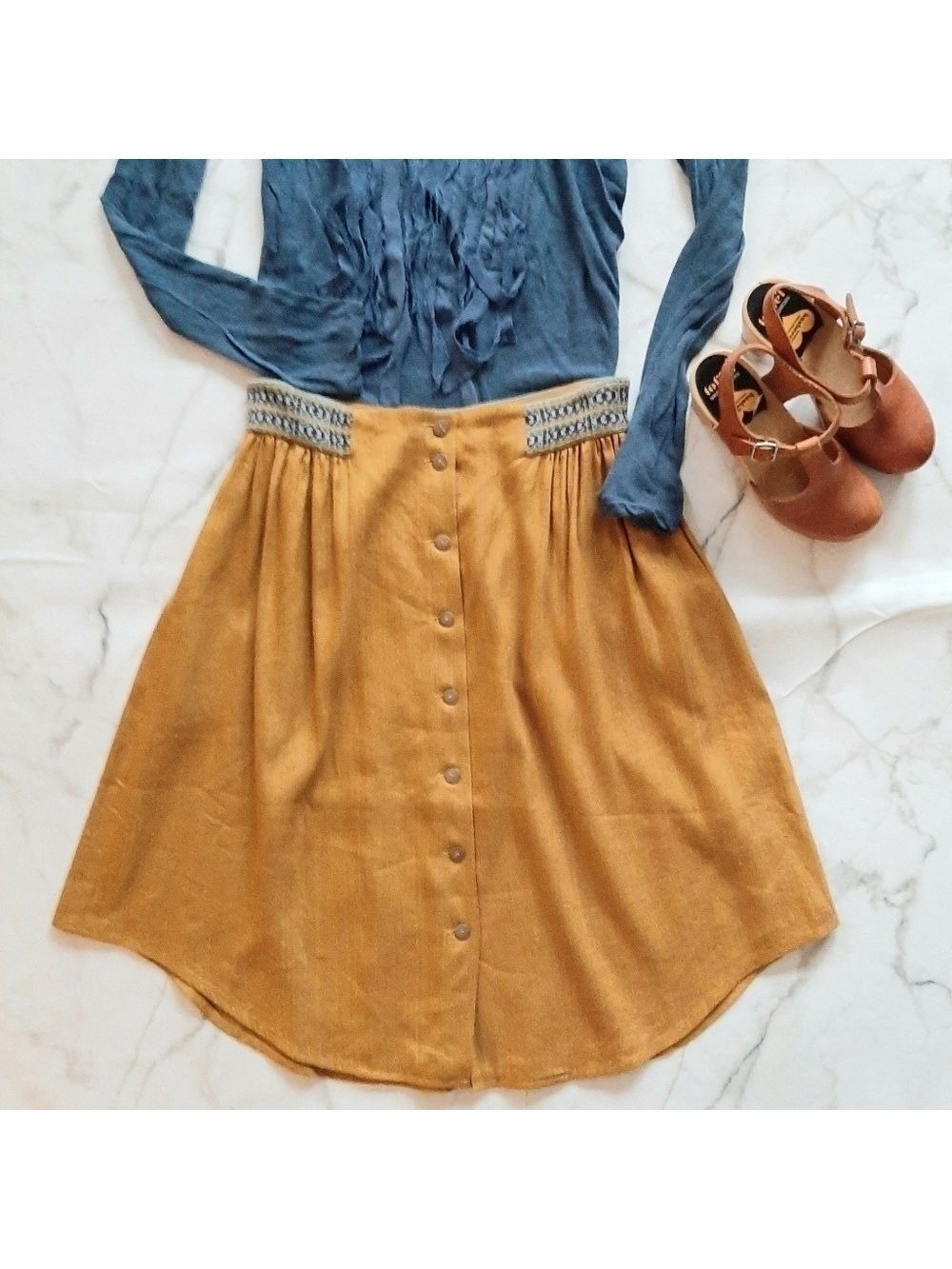 Catherine Andre Designer Embroidered Waist Mustard Yellow Button Front Skirt